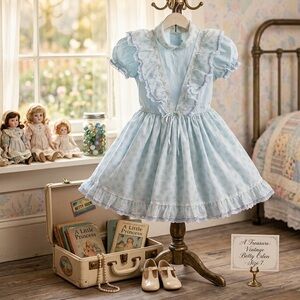 VTG Betty Oden Girls Size 7 Fancy Full Circle Dress Blue Floral Lace Ruffle Tule